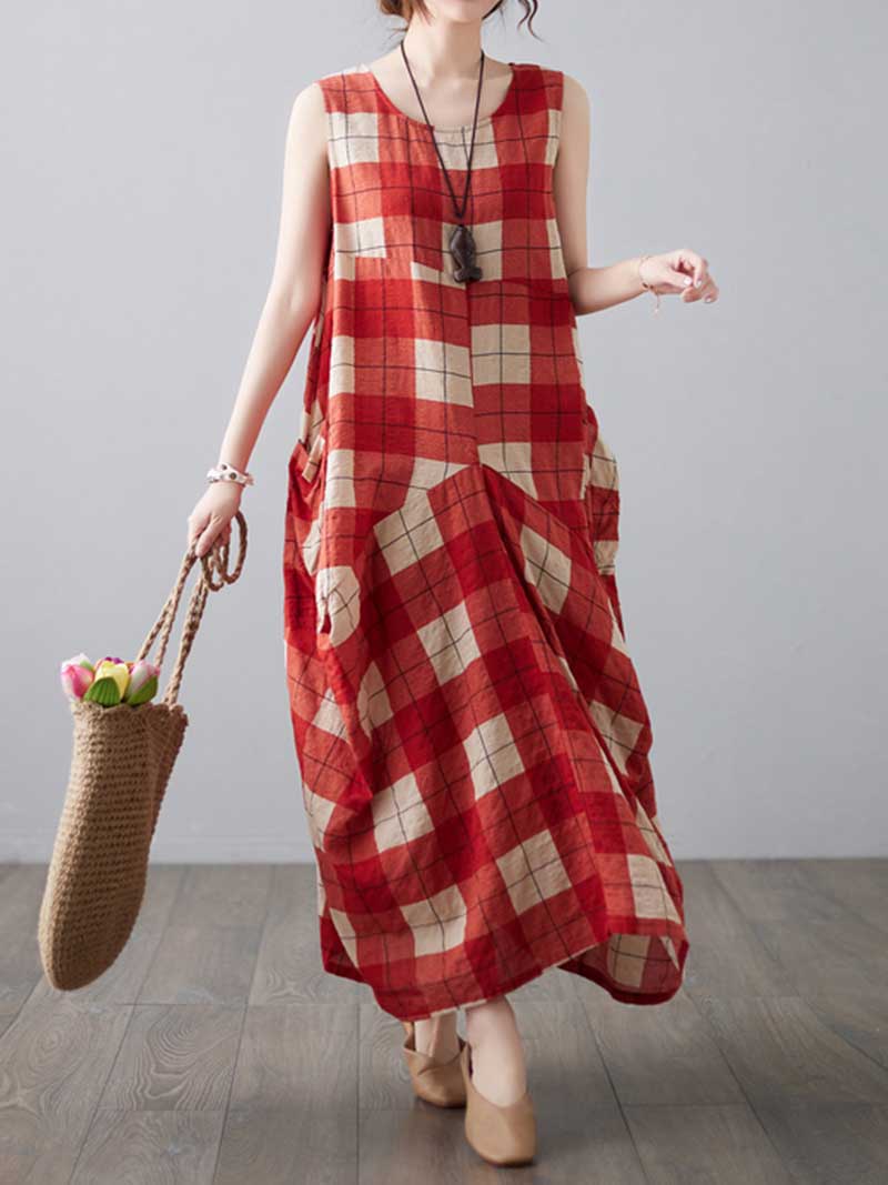H-line Loose Retro Style Plaid Print Cotton Dress - Fashionpara