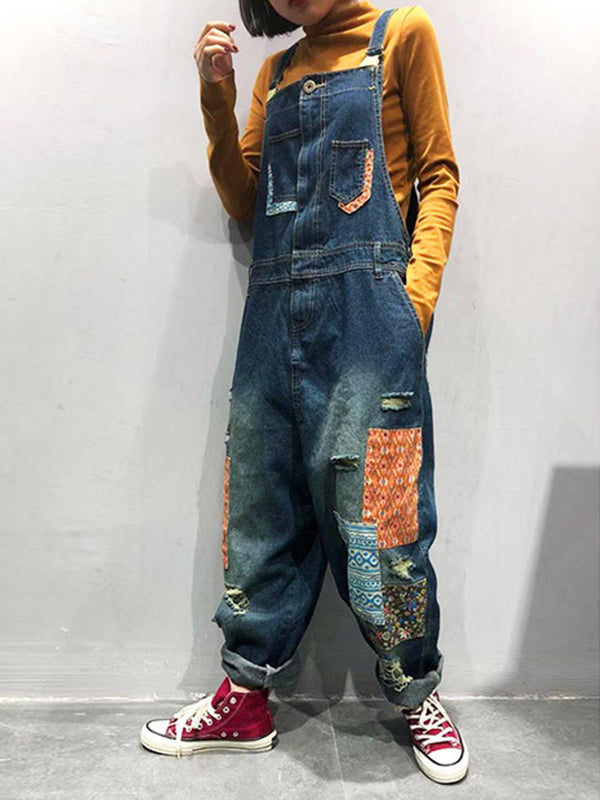 Estela Patchwork Prints Ripped Overall Dungarees - Fashionpara