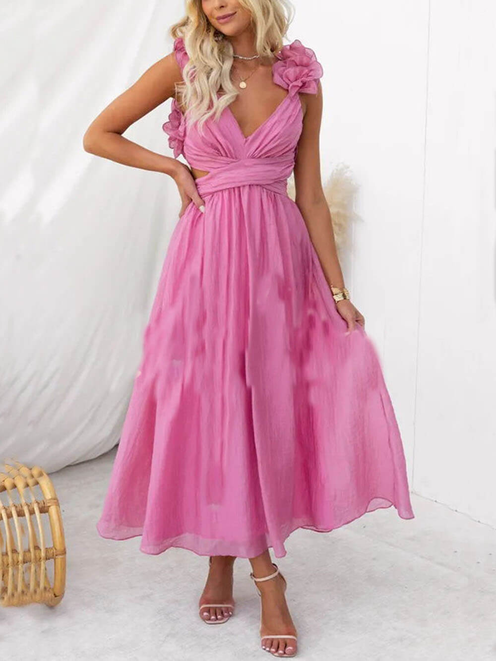 Floral Ruffle Detail Back Lace-Up Elastic Waist Maxi Dress - Fashionpara