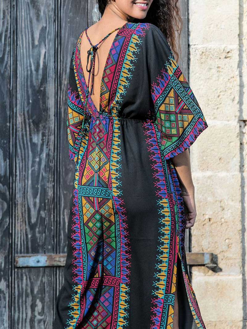 Bohemian Print Cotton Short Sleeves Kaftan Dress - Fashionpara