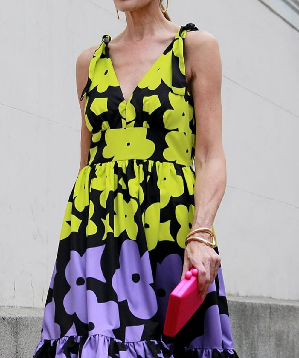 Colorful Flower Print Midi Dress - Fashionpara