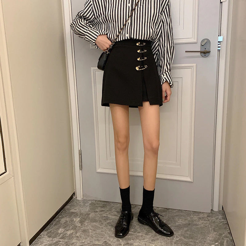 KittenAlarm - High Waist Big Pin Buckle A-Line Skirt