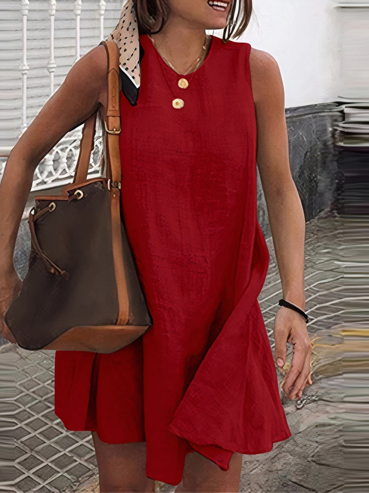 Sleeveless Round Neck Textured Woven Shift Mini Summer Dress - View 2