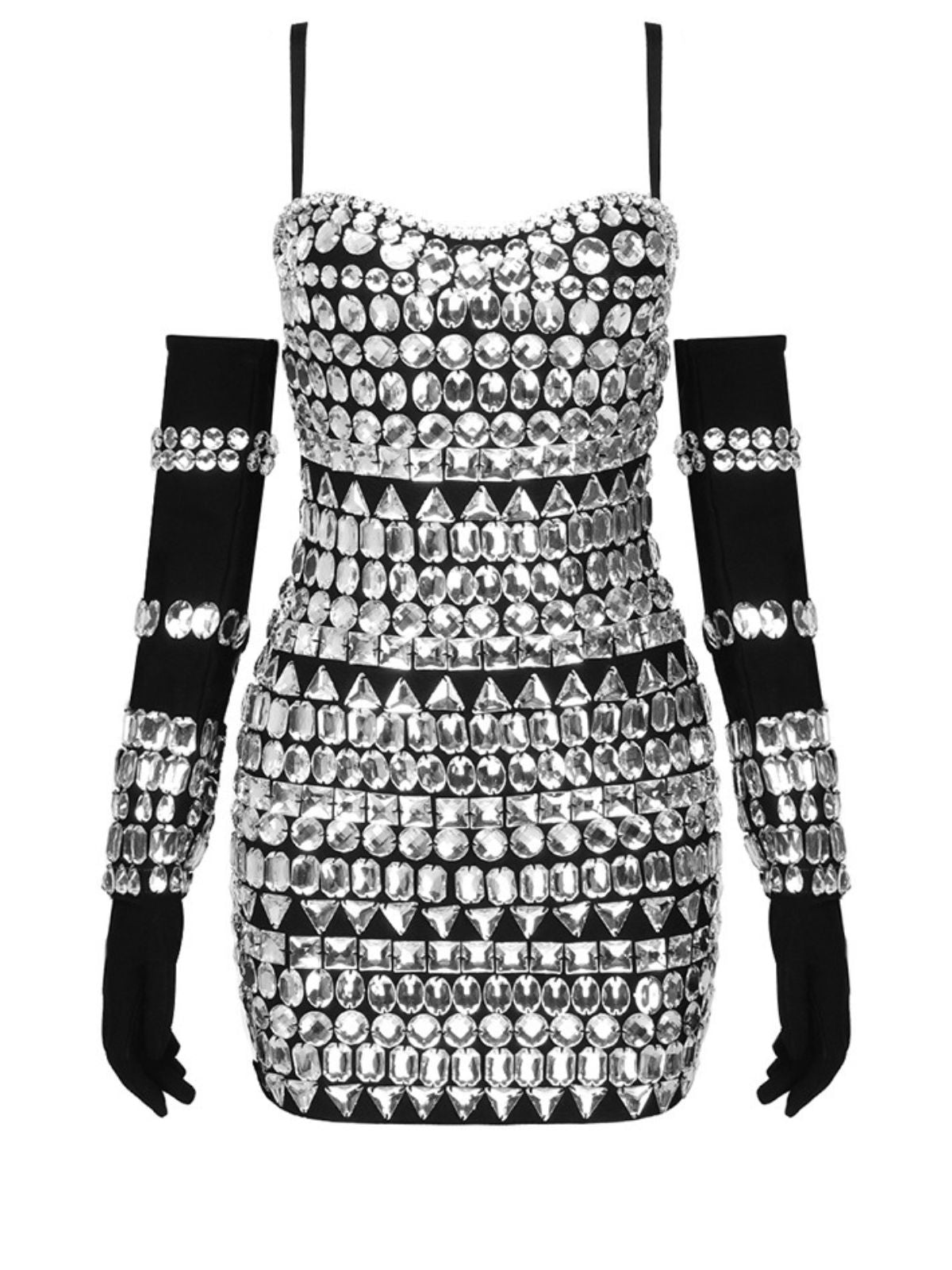 Crystal Embellished Strappy Bodycon Mini Dress with Gloves 6