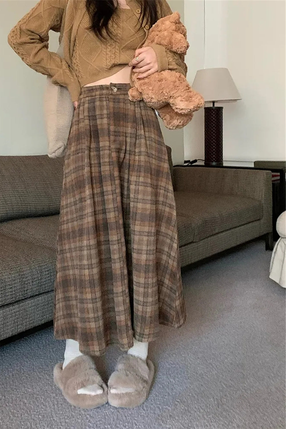 High Waist Thick A-Line Plaid Pleated Skirts - Fashionpara