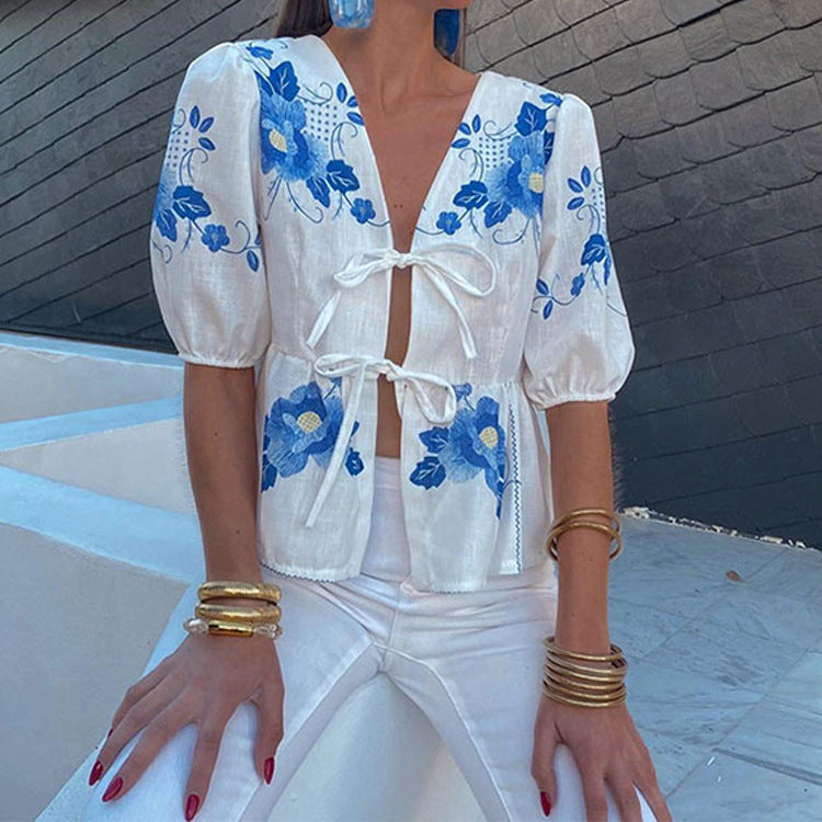 Floral-Print Loose V-Neck Lace-Up Ruffled Top - Fashionpara