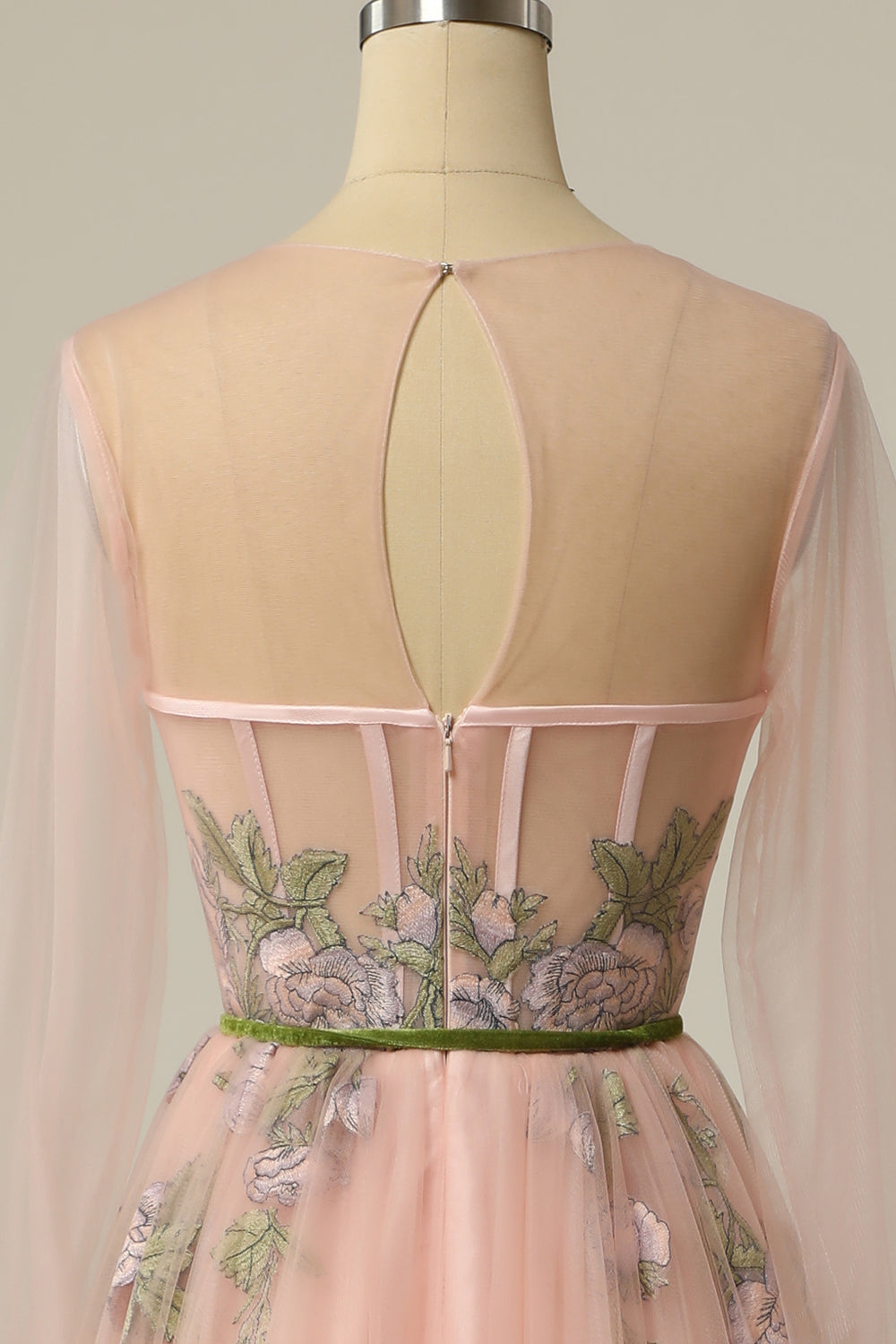 A Line Jewel Light Nude Long Prom Dress with Embroidery - Fashionpara
