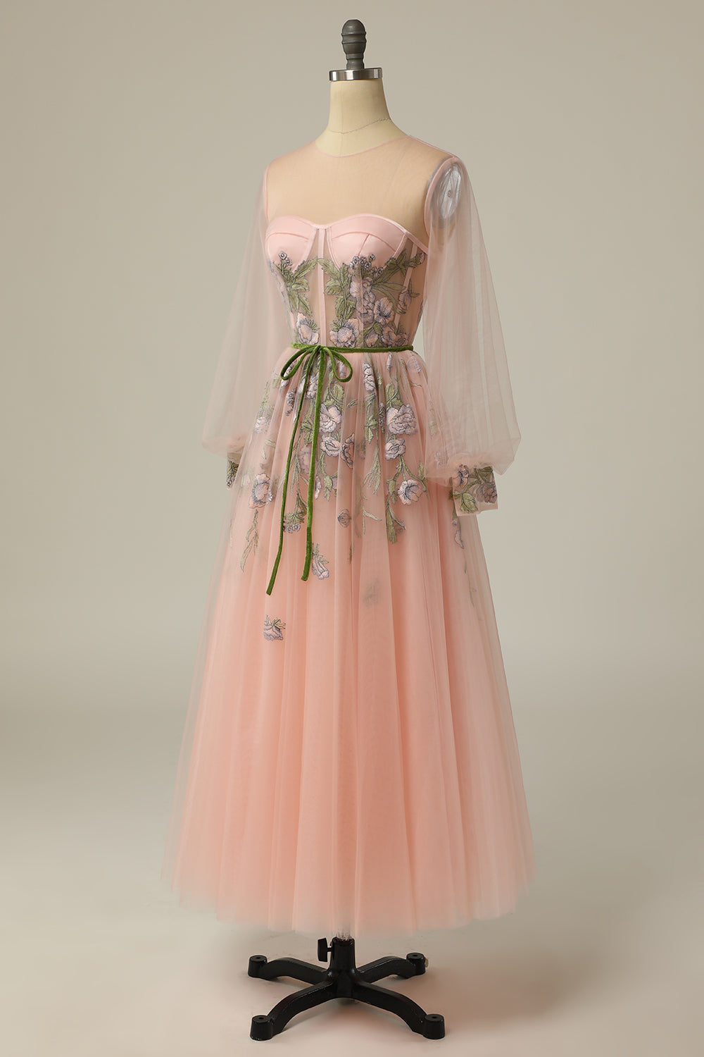A Line Jewel Light Nude Long Prom Dress with Embroidery - Fashionpara