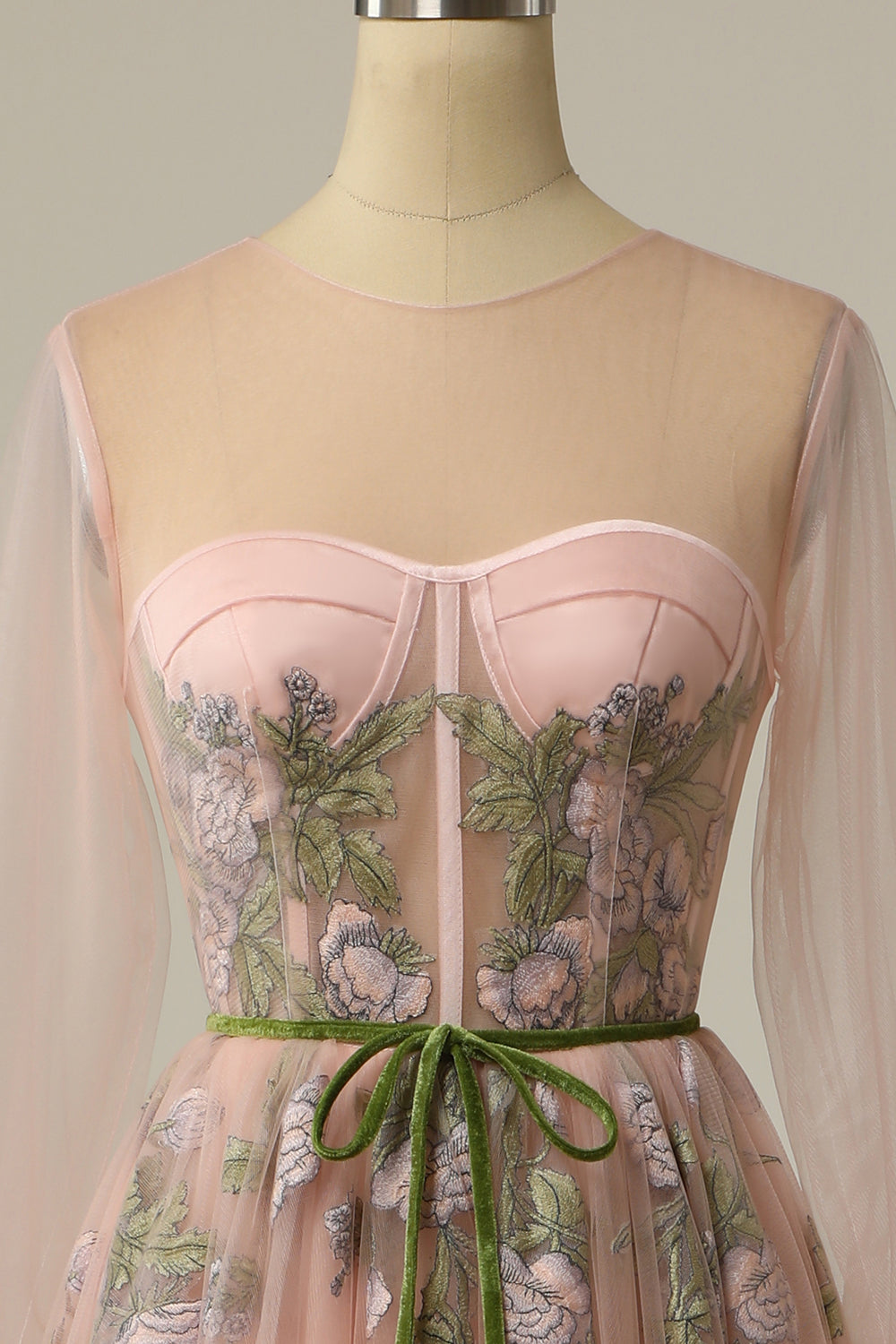 A Line Jewel Light Nude Long Prom Dress with Embroidery - Fashionpara