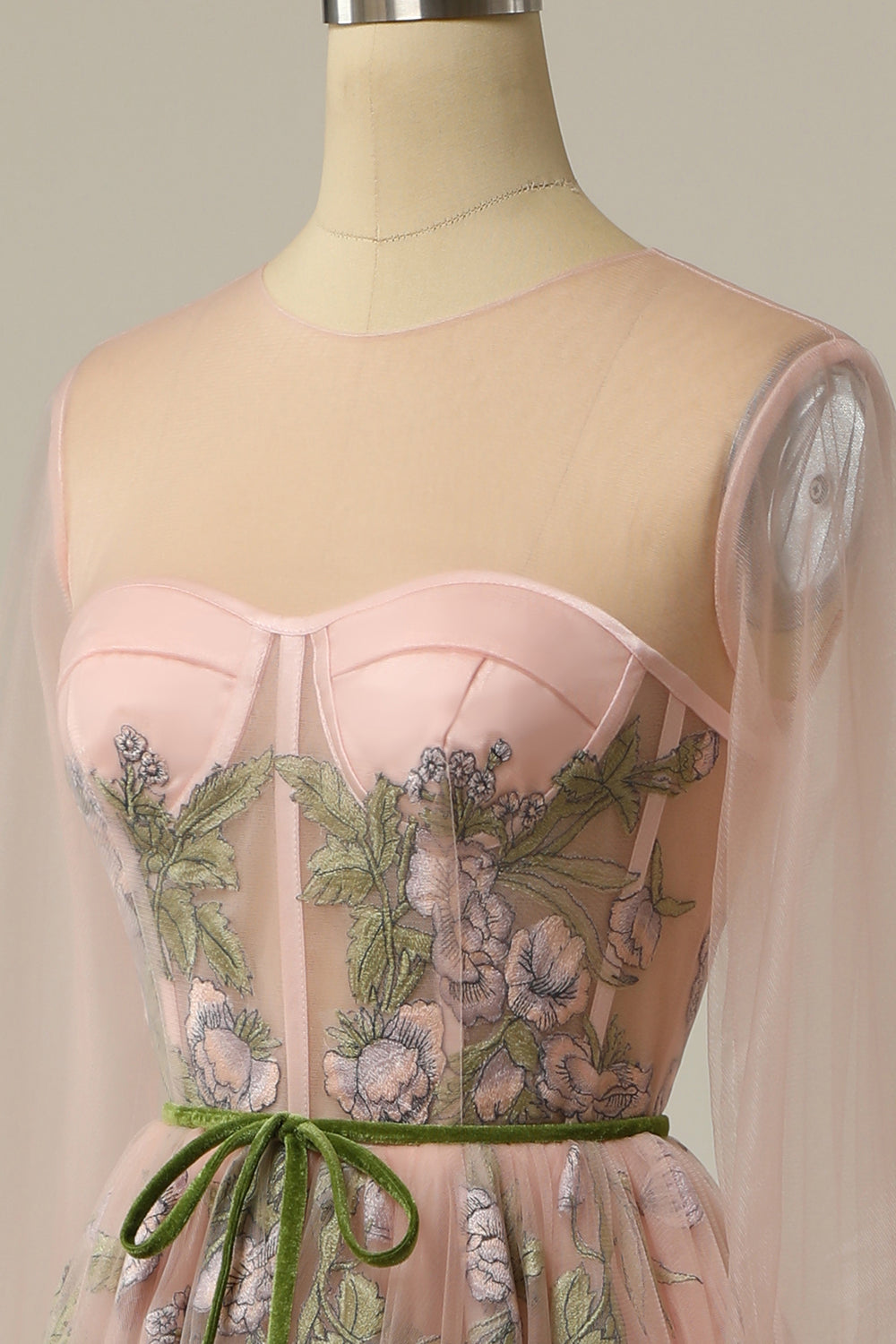 A Line Jewel Light Nude Long Prom Dress with Embroidery - Fashionpara
