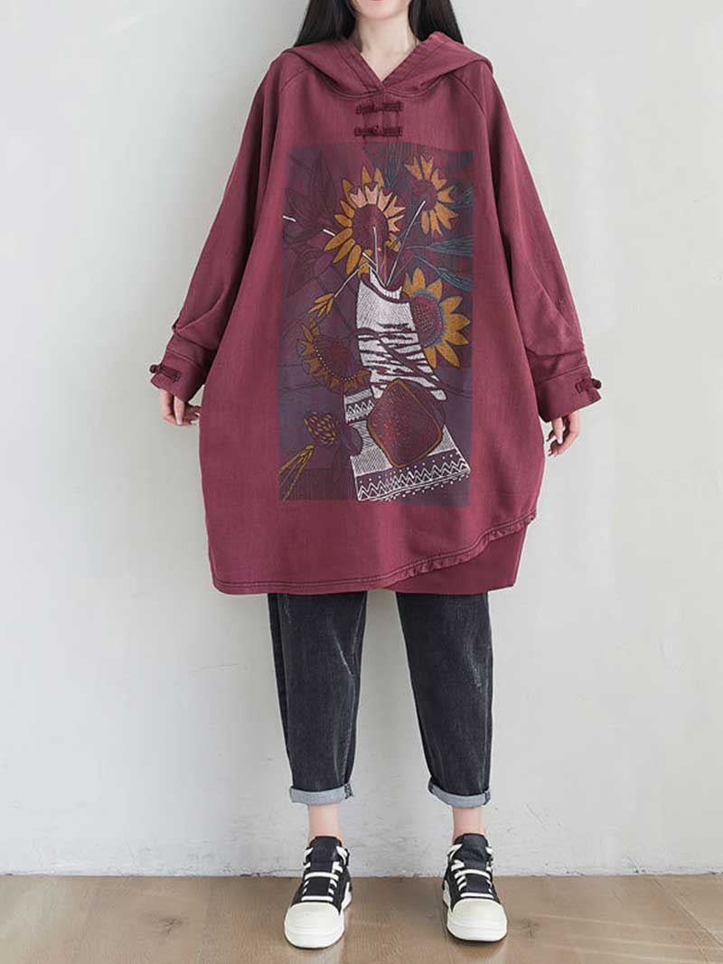 City Of Stars Floral Print Hooded Sweater Midi Dress - Fashionpara