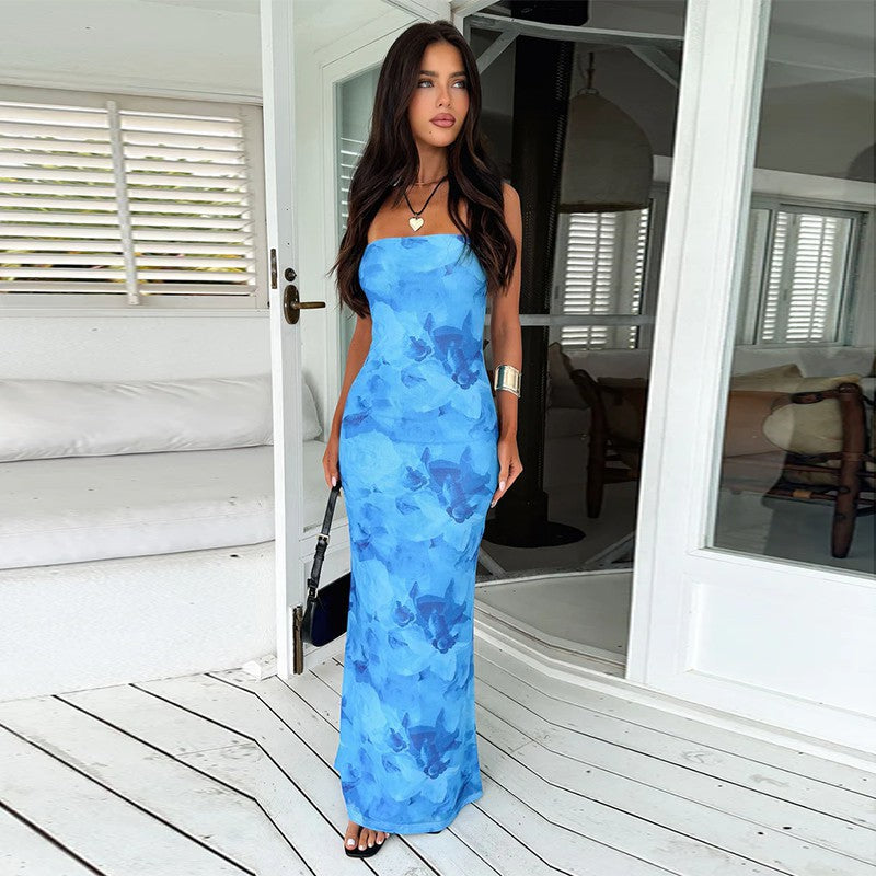 Floral Print Strapless Bodycon Column Maxi Dress 3