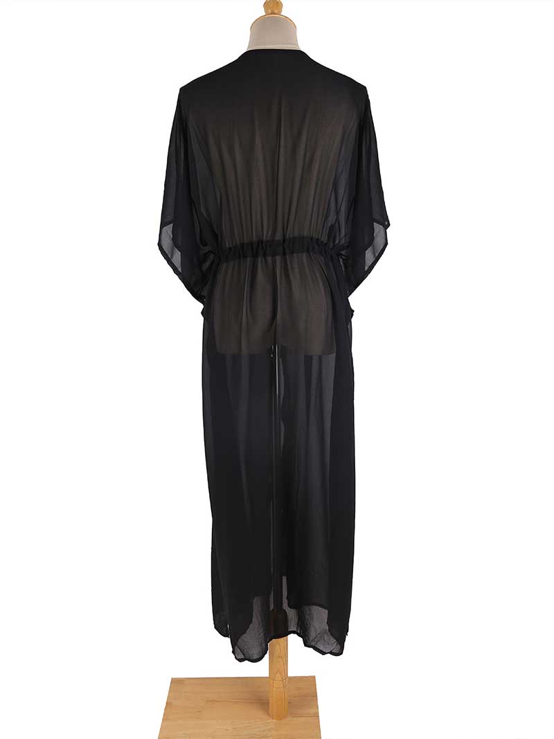 Partywear Embroidered Black Color Chiffon Long Length Gown Kimono Duster Robe - Fashionpara