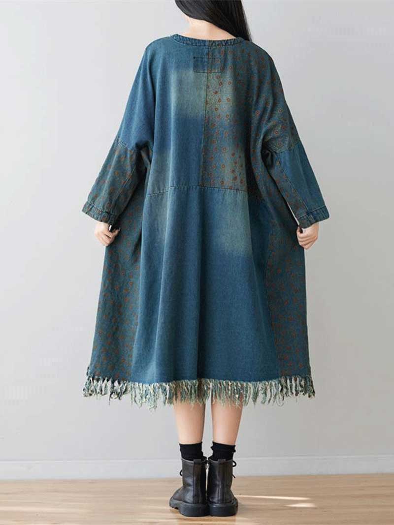 Patchwork Pocket V-Neck Long Sleeve Frayed-Hem Midi Dress 3