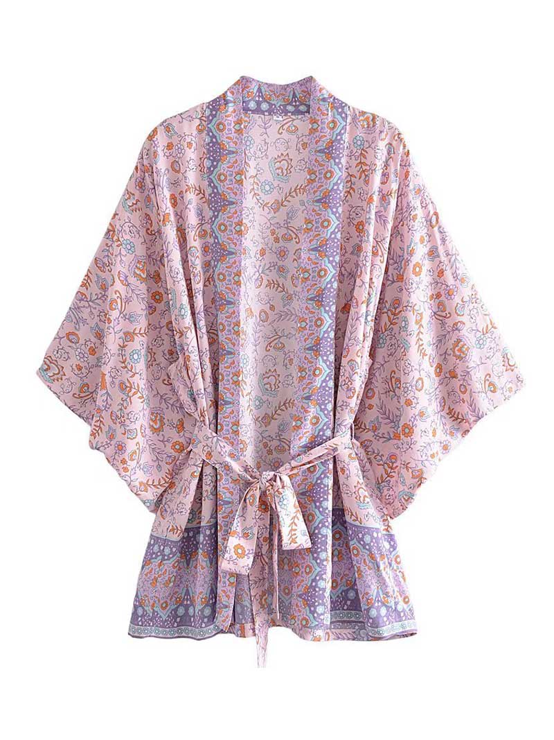 Short Floral Print Brown, Purple Orange Color Cotton Short Length Gown Kimono Duster Robe - Fashionpara