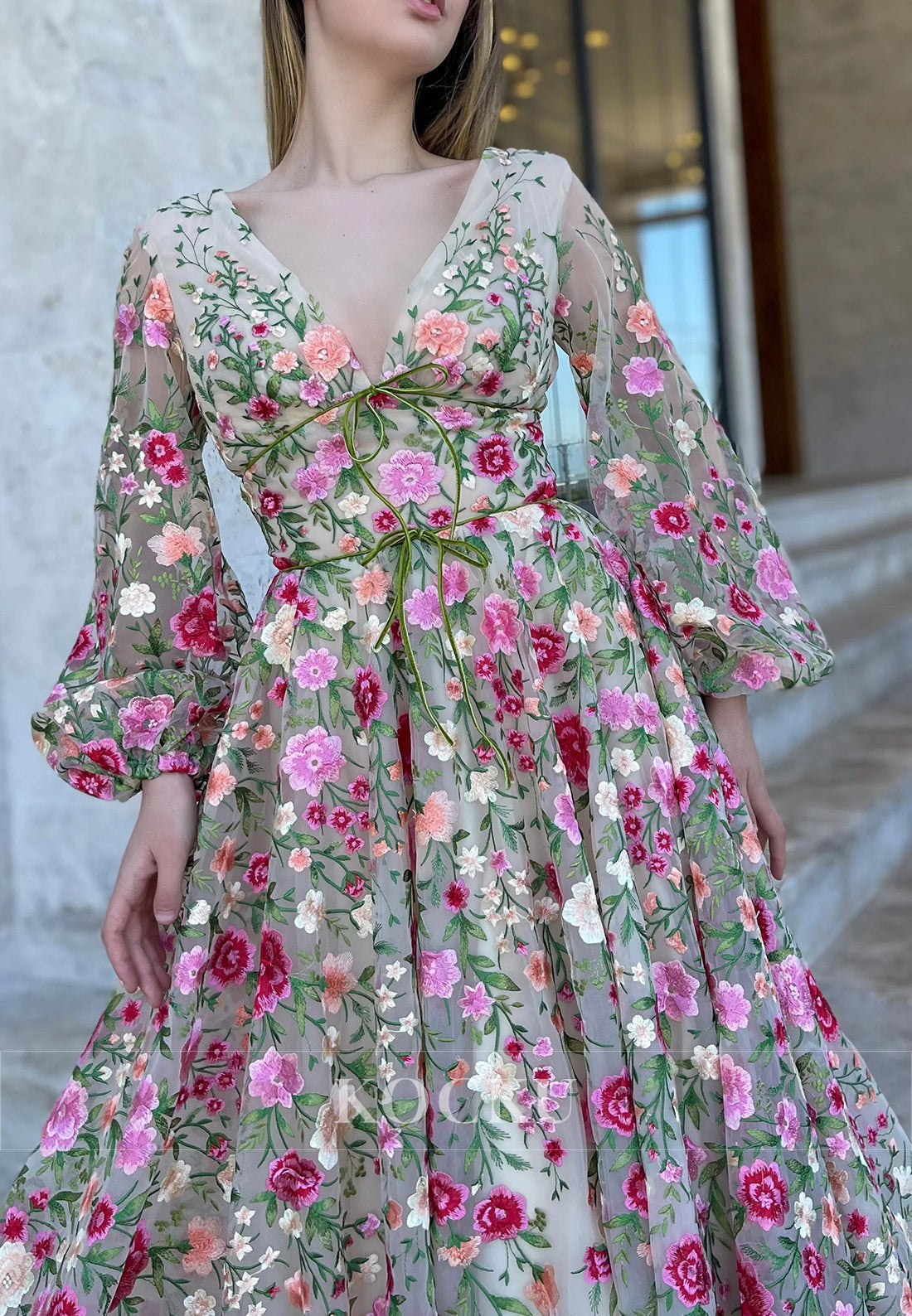 A-Line Long Sleeve V Neck Pleated Floral Embroidered Prom Dresses