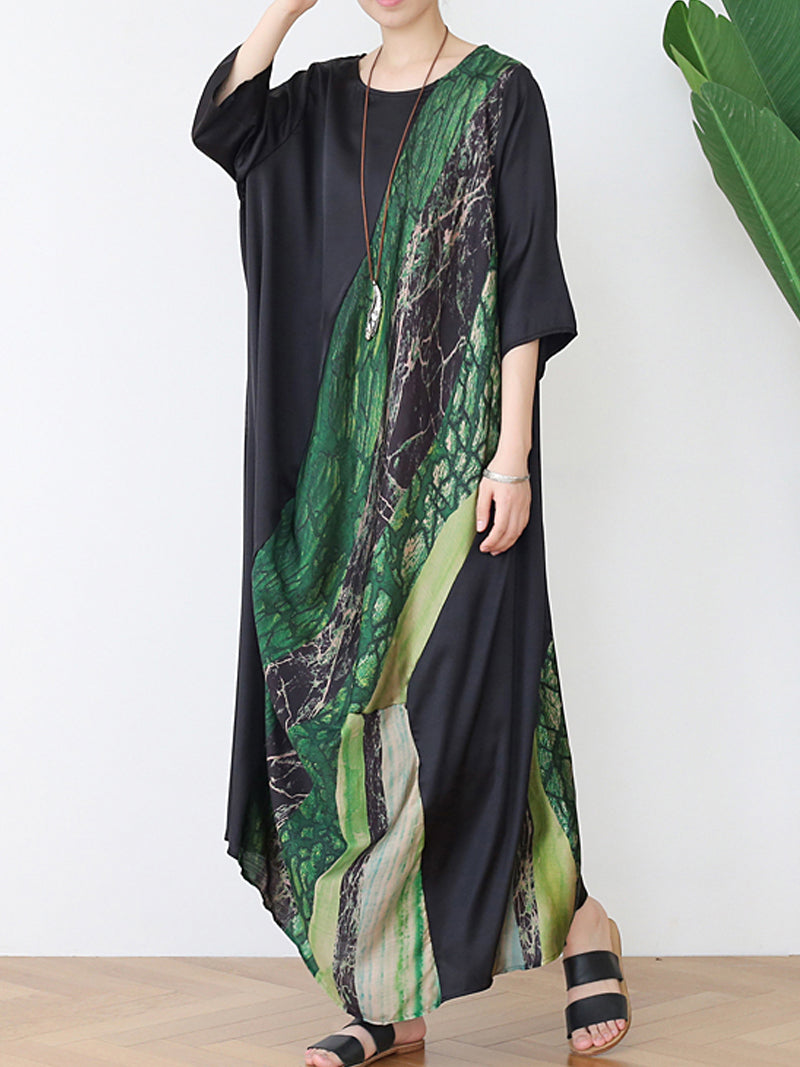 Marble Print Round Neck Batwing Sleeve Kaftan Maxi Dress 5