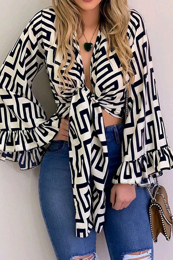 Geometric Print Lace-up Blouse - Mislish
