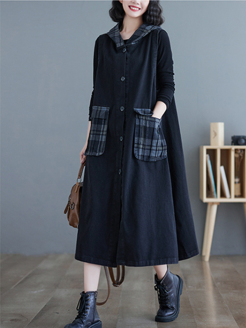 Denim Hooded Sleeveless Plaid-Pocket Pinafore Midi Dress 2