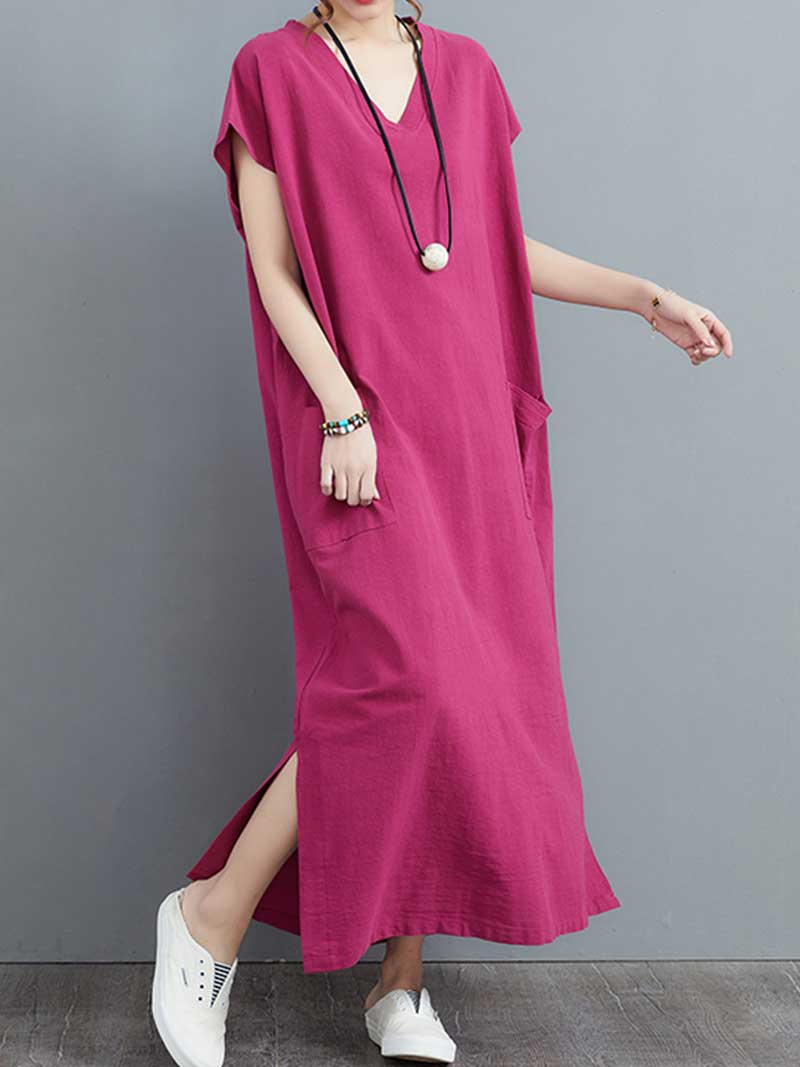 Hemp Material Plain Short Sleeves With Double Side Pocket A-Line Dress - Fashionpara