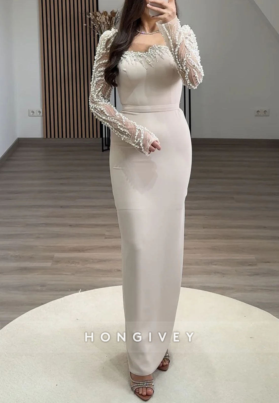 Column Asymmetrical Neck Evening Gown Long Sleeve Beading Ankle-Length Formal Dresses
