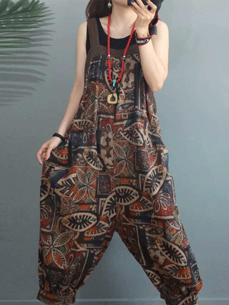 Lo Siento Ethnic Print Cotton & Linen Overall Dungaree - Fashionpara