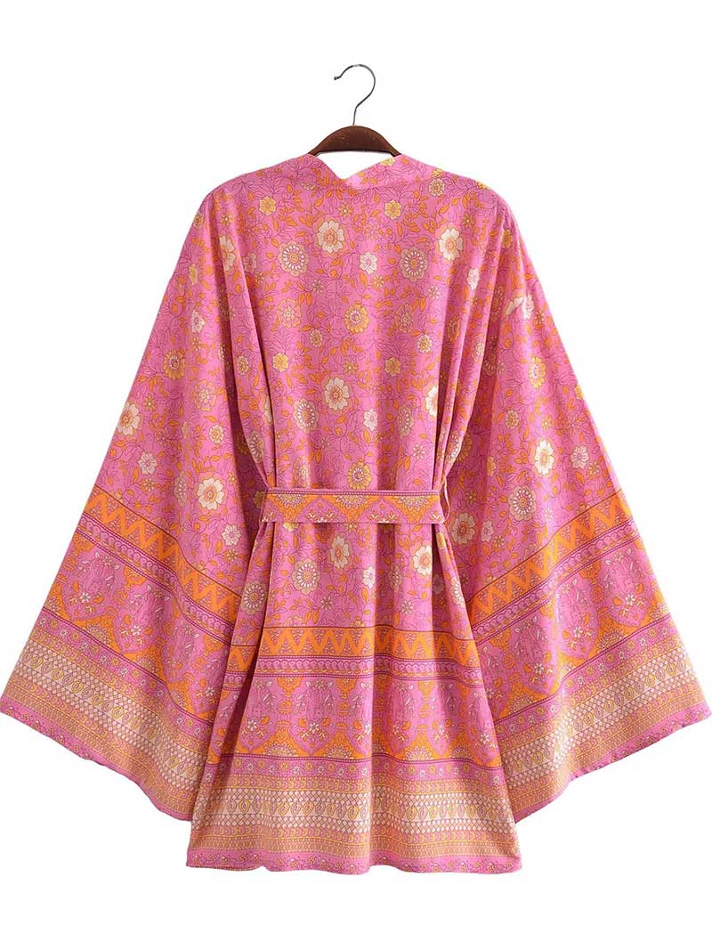 Short Kimono With Floral Print Pink & Yellow Cotton Short Length Gown Robe - Fashionpara