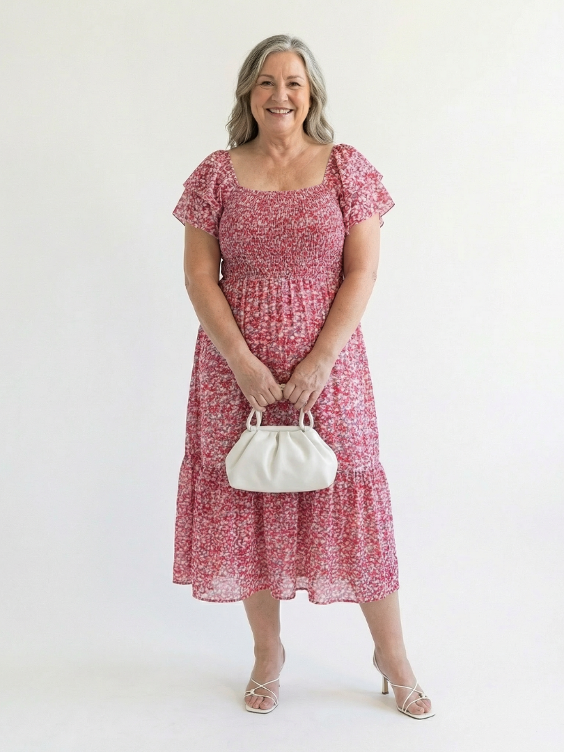 Floral Square Neck Flutter Sleeve Smocked Tiered Midi Dress 3