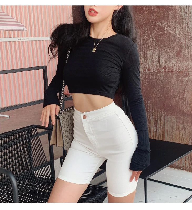 KittenAlarm - High Waist Elastic Thin Denim Shorts Jeans