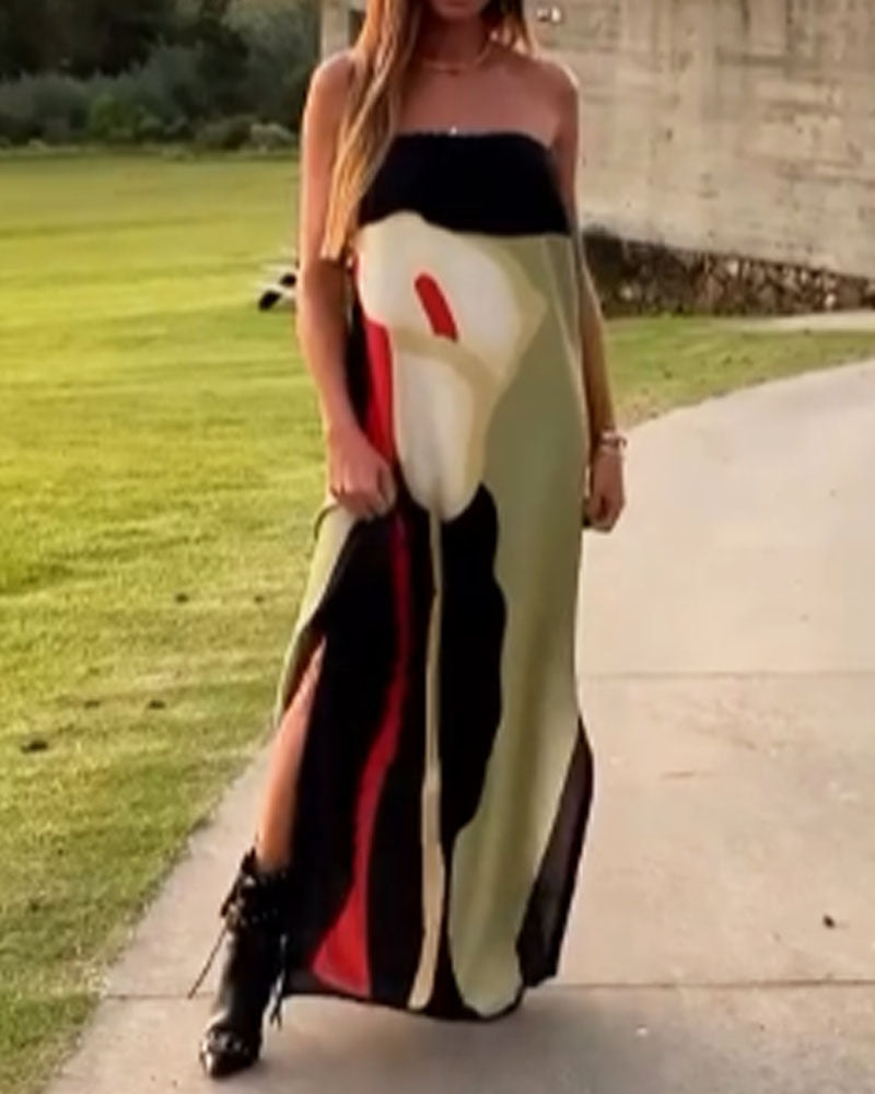 Fashion Art Print Strapless Split Dress - Fashionpara