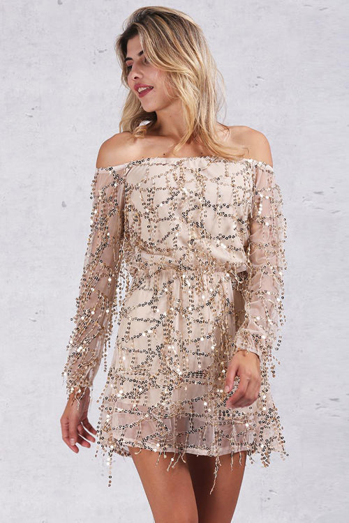 Sequin Fringe Off Shoulder Long Sleeve Mini Dress - View 4