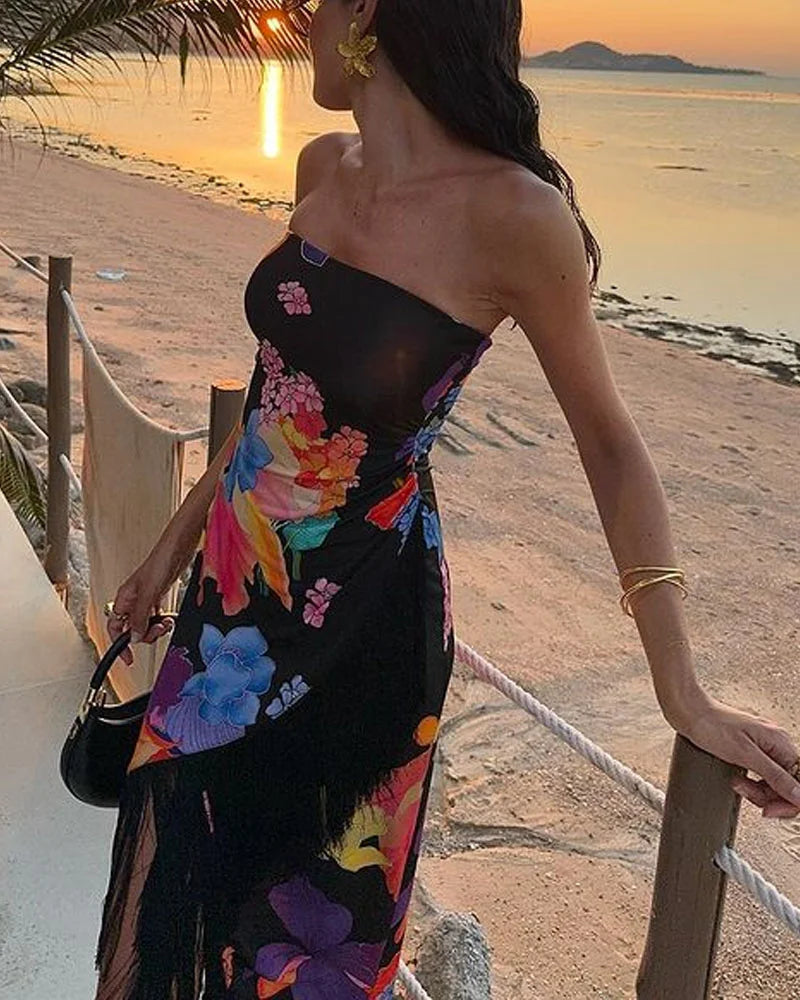 Elegant Vacation Print Fringe Dress - Fashionpara