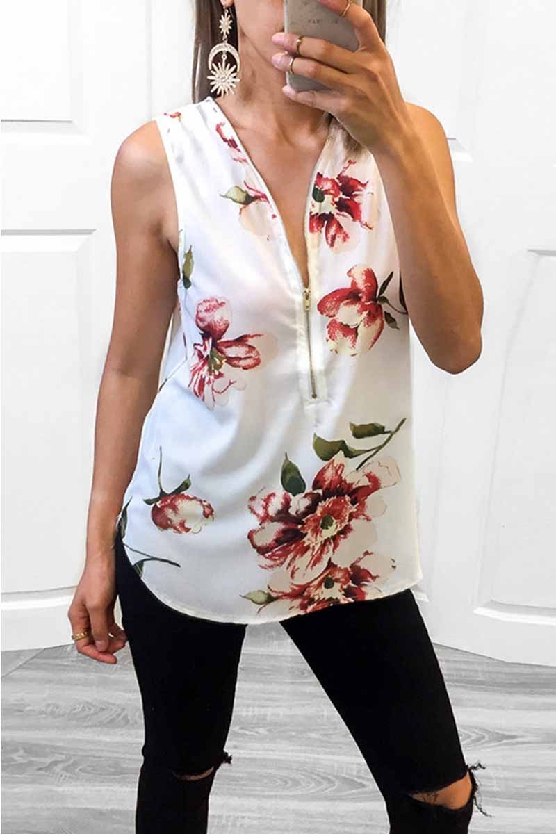 Florcoo Summer Fashion Zipper Design Floral Tank Top