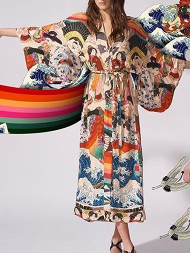 Printed Multicolor Chiffon Polyester Long Length Gown Kimono Duster Robe 5
