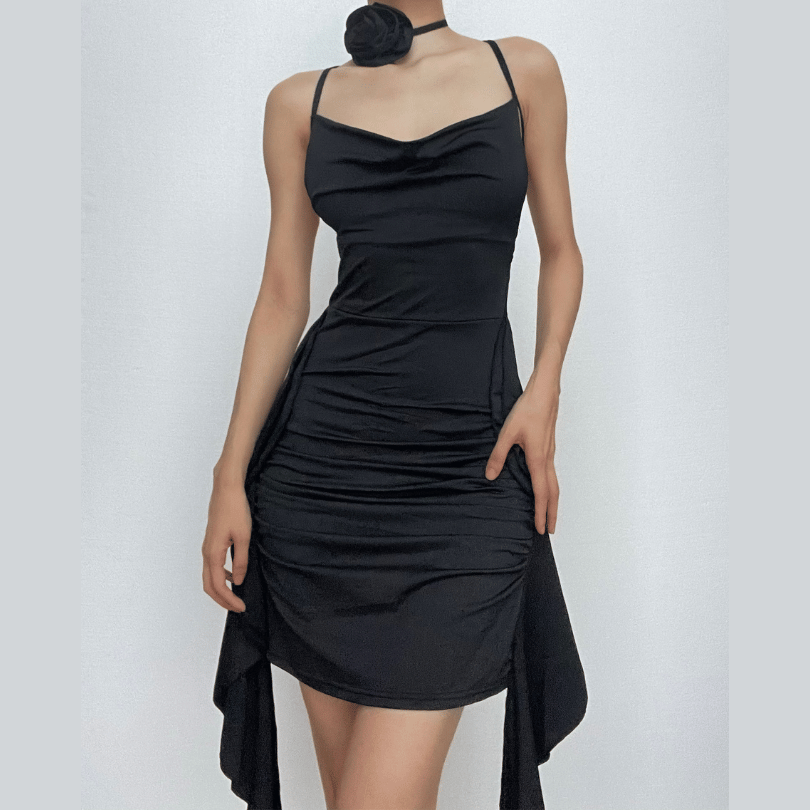 Rosette Cowl Neck Spaghetti Strap Ruched High Low Mini Dress
