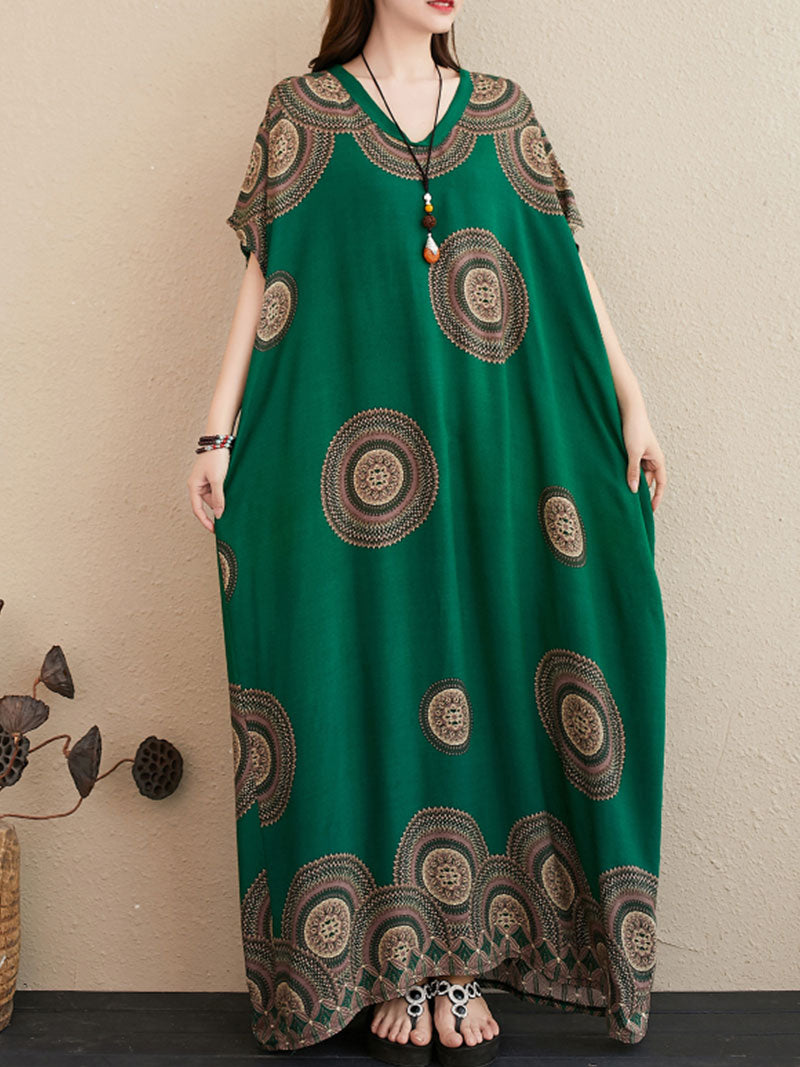 Medallion Print V-Neck Short Sleeve Loose Kaftan Maxi Dress