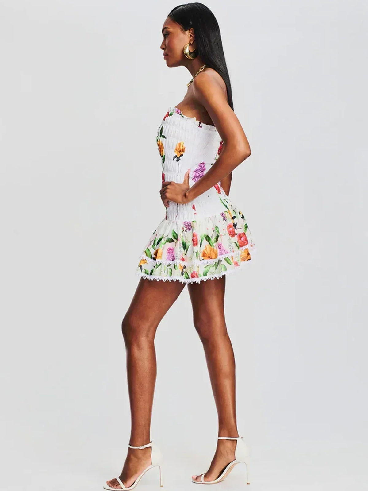 Ruched Stretch Bustier Lace - Trim Mini Dress - View 5