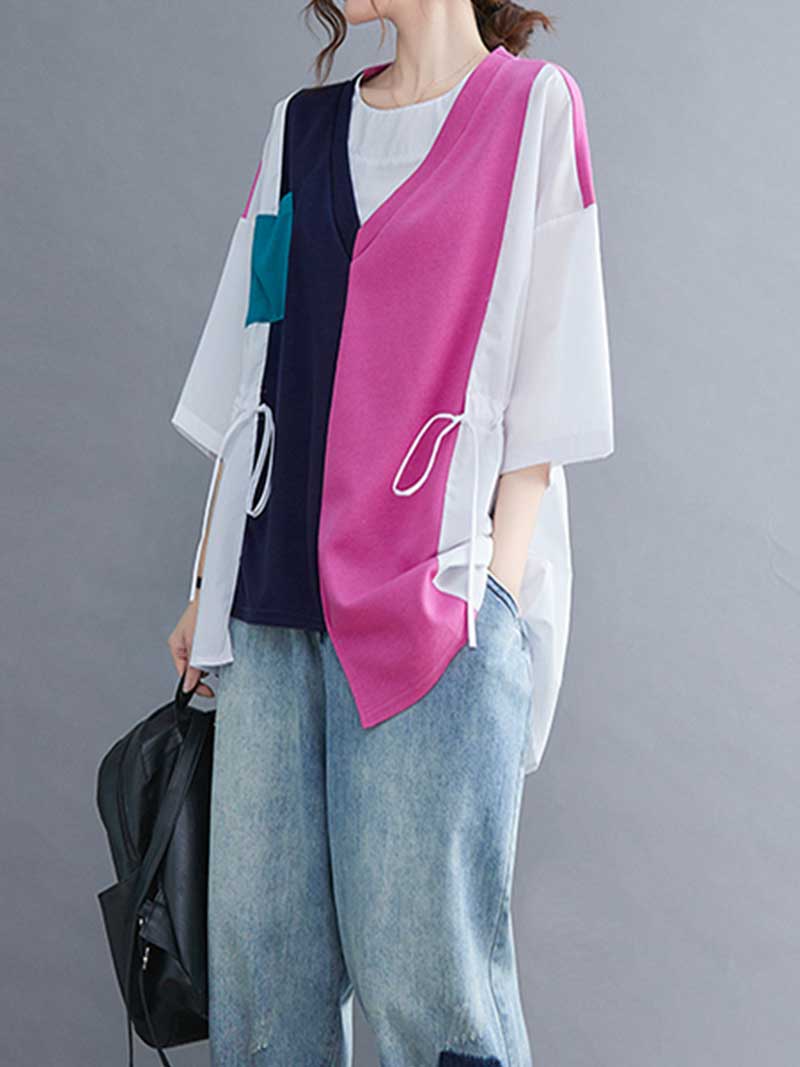 Colorful Print Round-Neck Shirt Top - Fashionpara