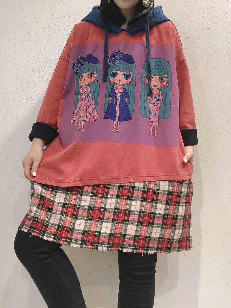 Doll Print Hooded Long Sleeve Plaid-Hem Sweatshirt Dress 3