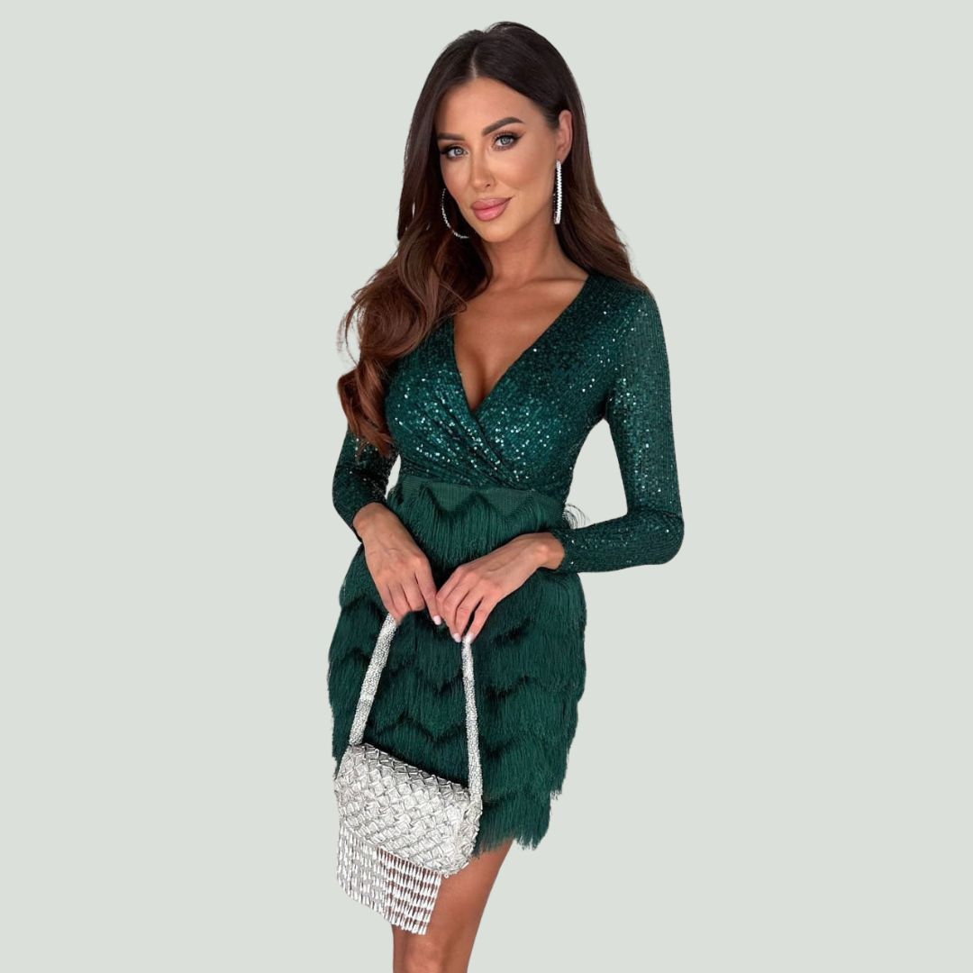 Sequin Deep V-Neck Wrap Long Sleeve Textured Skirt Mini Dress - View 15