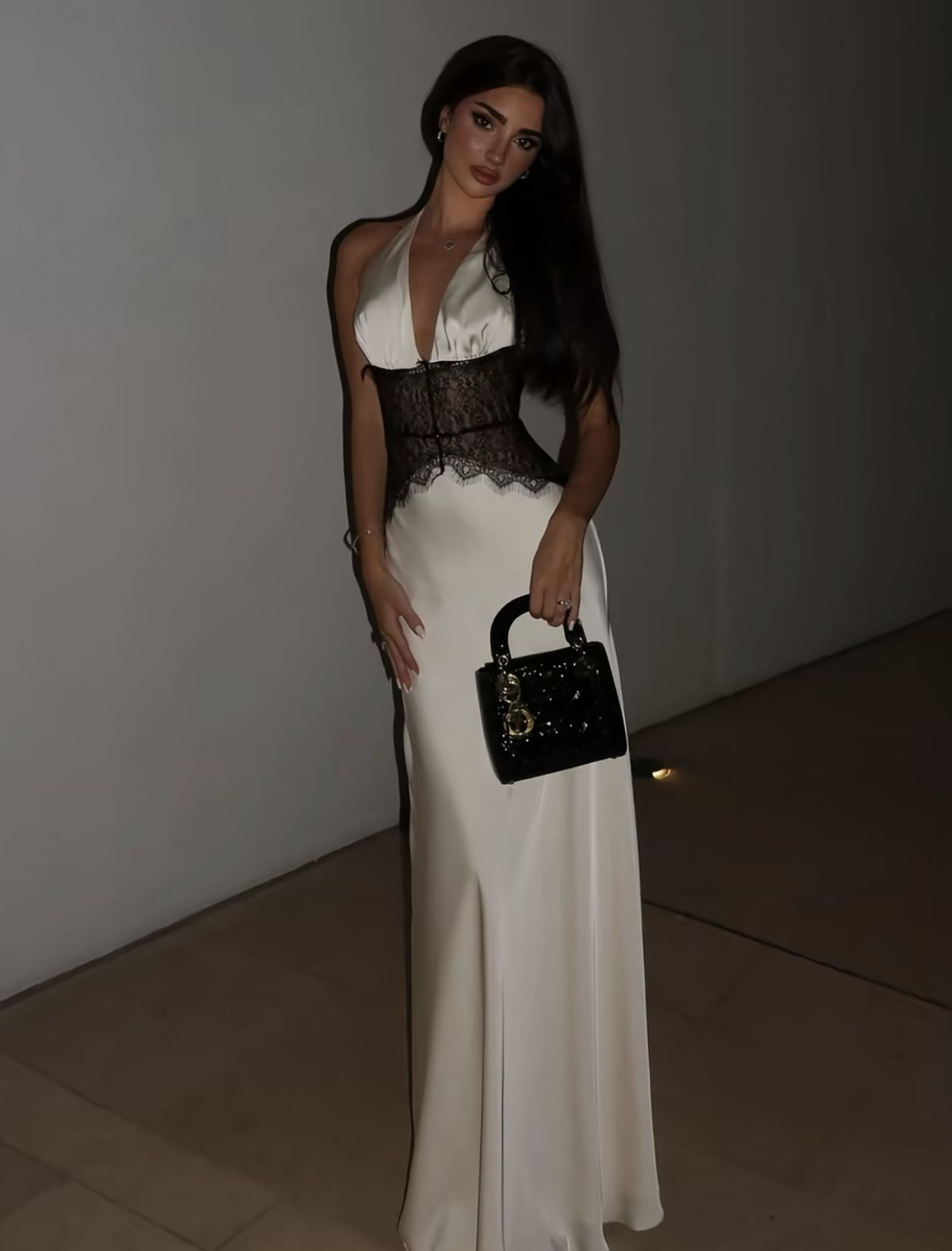 Pretty Halter Ivory V Neck Satin Lace Mermaid Long Party Dress Formal Wedding Guest Dress D1745