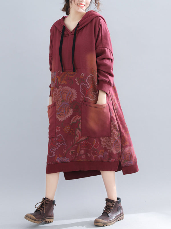 Jo V-Neck Hooded Sweatshirt Floral Prints Shift Dress - Fashionpara