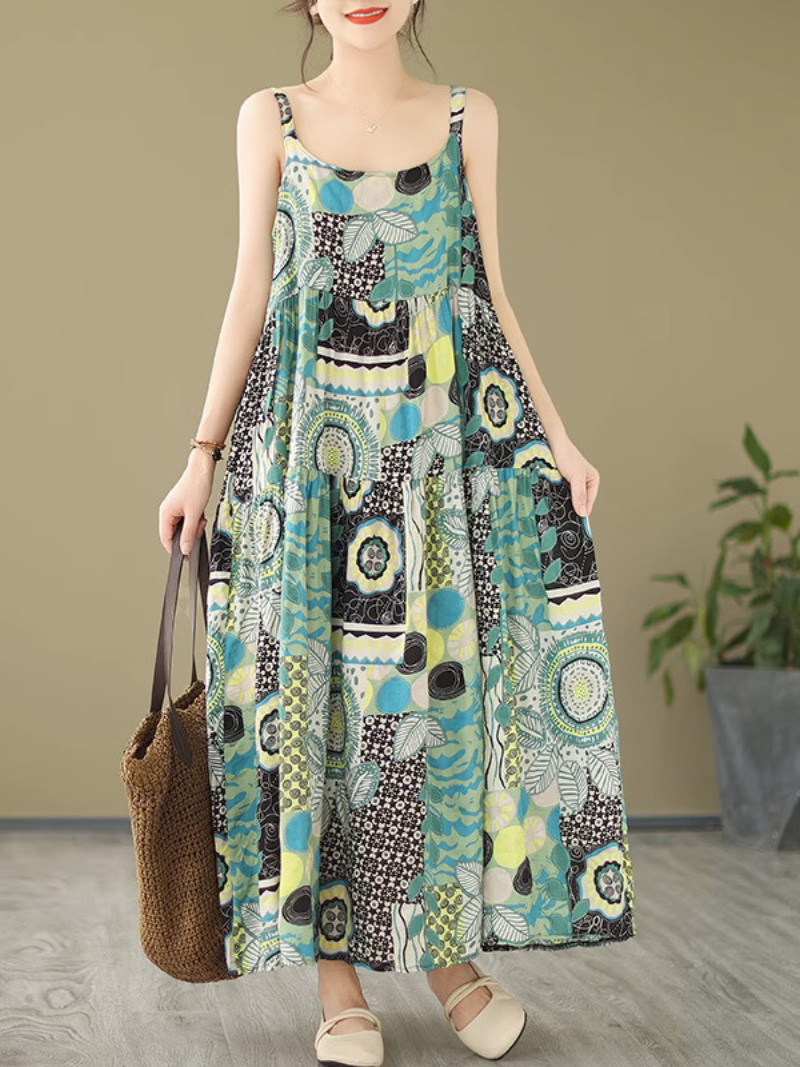 Abstract Print Strappy Sleeveless Tiered A-Line Maxi Dress 3
