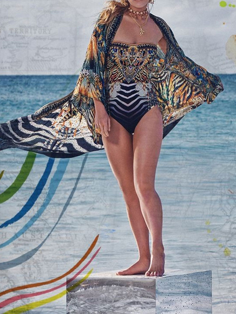 Printed Black Color Polyester Long Length Gown Kimono Duster Robe 3