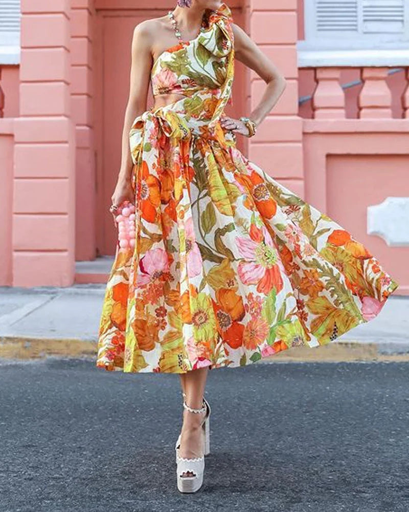 Elegant One-shoulder Lace-up Print Dress - Fashionpara
