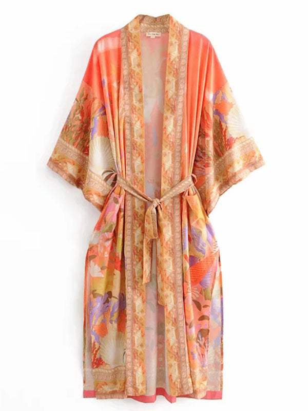 Floral Partywear Cotton Silk Kimono Orange Color Cotton Long Length Gown Robe Kimono - Fashionpara