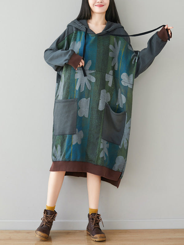 Floral Print Hooded Long Sleeve Pocket Sweatshirt Dress 3