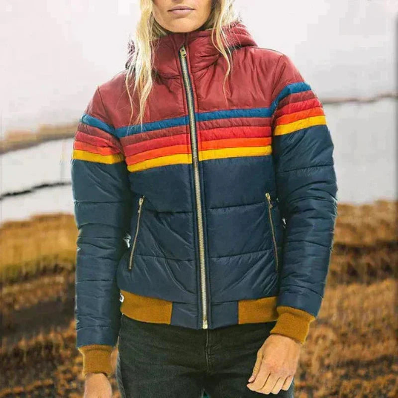 Striped Hooded Zip Front Puffer Jacket