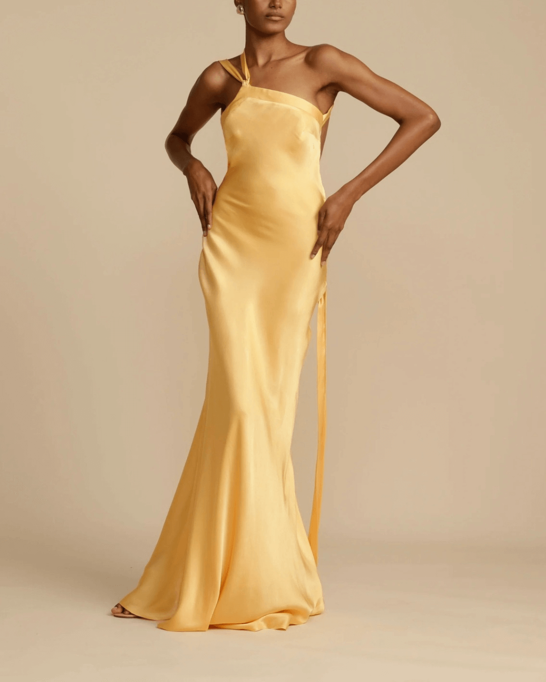 Elastic Waist Satin Drape Yellow Maxi Dress - Fashionpara