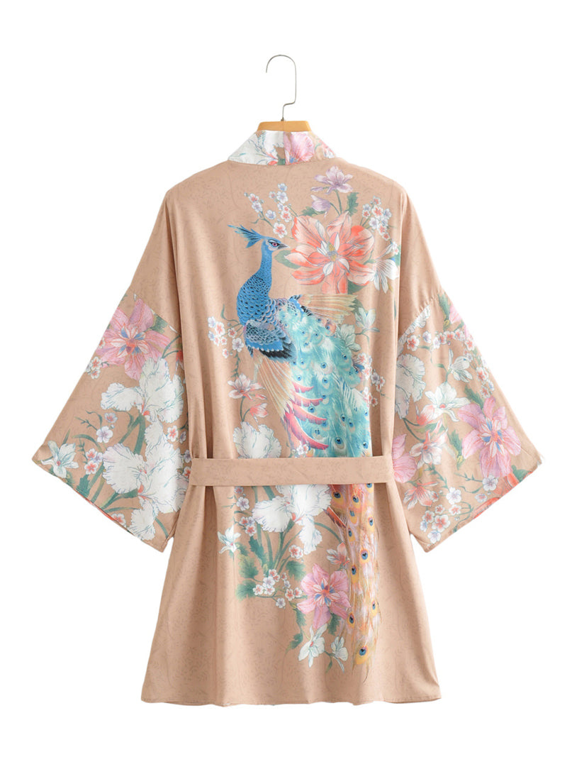 Short Length Floral + Peacock Print Khaki Color Polyester Gown Kimono Duster Robe - Fashionpara
